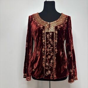 Eci New York Velvet Sequin Embellished Top Size 8 Wine Boho